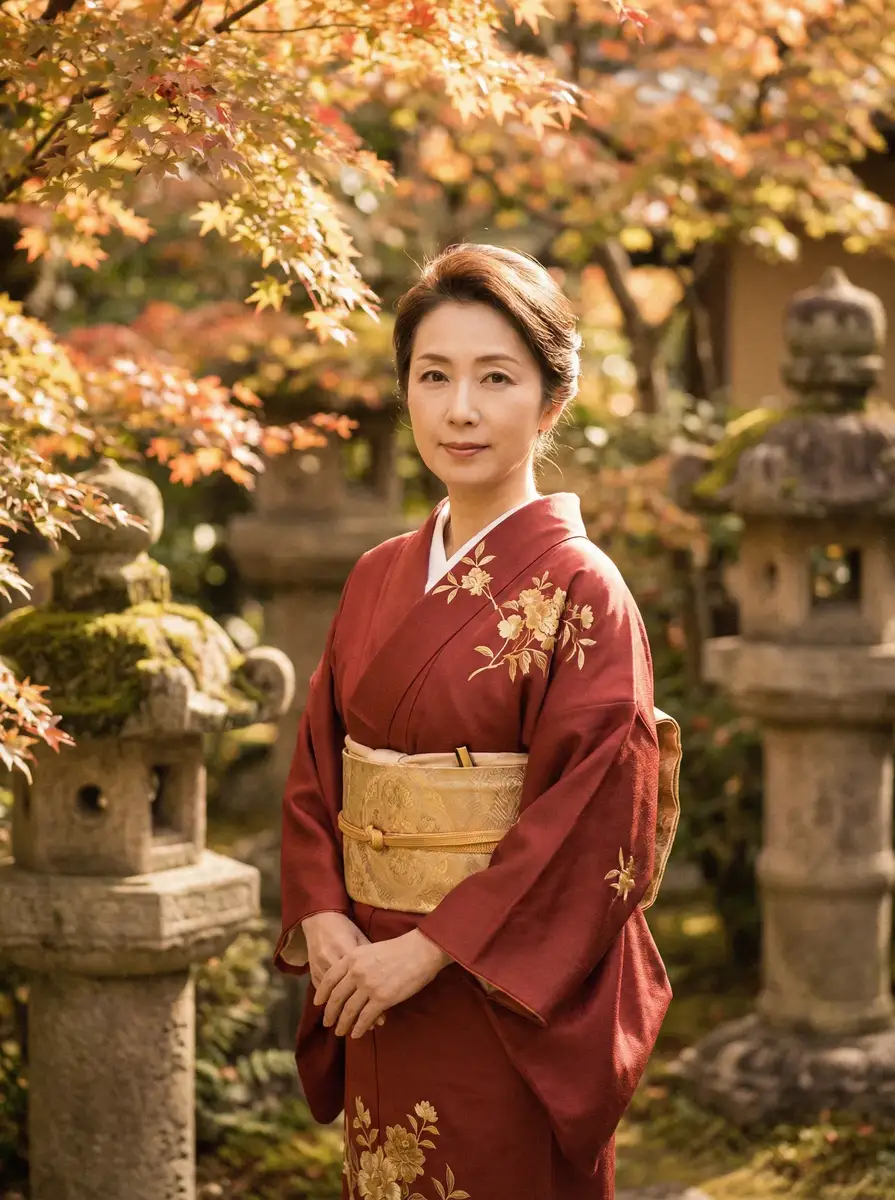 一位身穿暗红色和服的优雅 华体会体育 网站 在日式庭院中